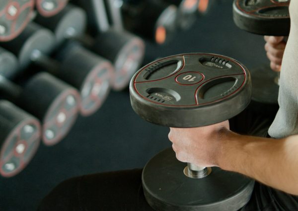 A person lifting dumbbells while sitting on a bench in a modern gym setting.